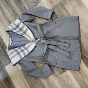 DKNY Gray Pea Coat with Plaid Collar